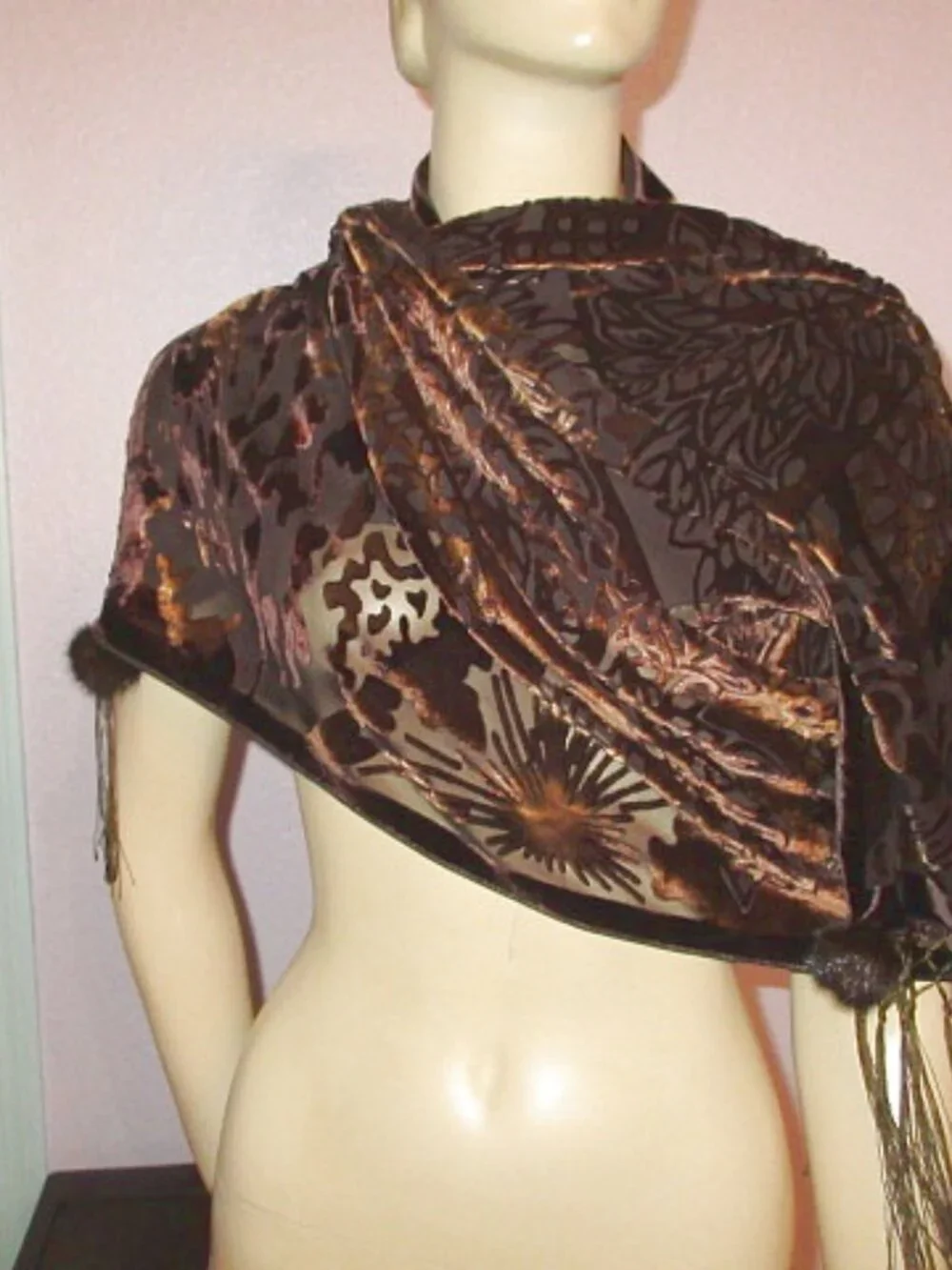 Vtg Velvet Burnout Scarf Sheer Luxurious Neck Wrap Shawl Poms Fringe Crochet EUC